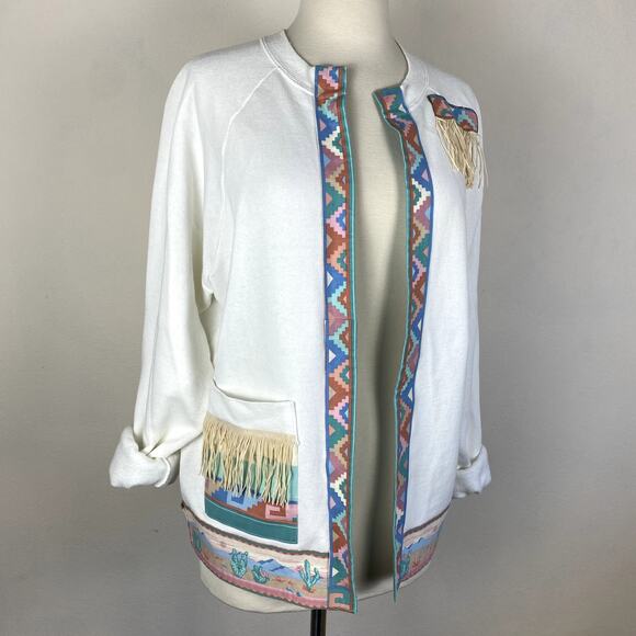 Vintage Southwestern Boho Aztec Abstract Embroidered Fringe Art Sweater Jacket - Picture 3 of 9
